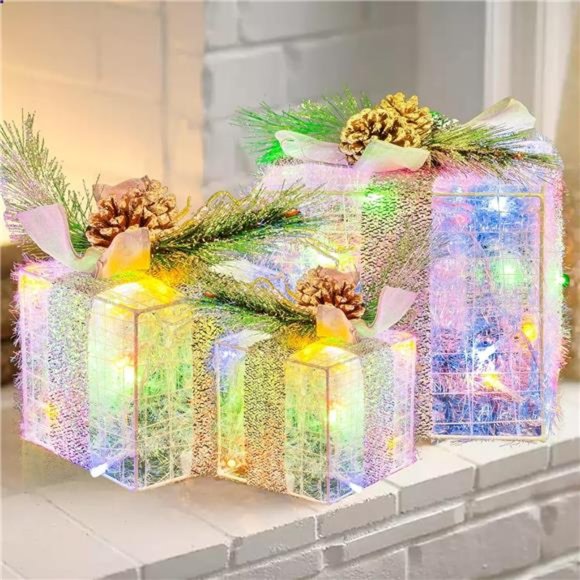 3 Pcs Christmas Lighted Gift Boxes, Plug in 60 LED Light Up...